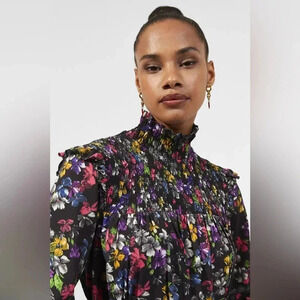 FRENCH CONNECTION Alianna Black Ruffled Floral Blouse Long Sleeve Size Small S